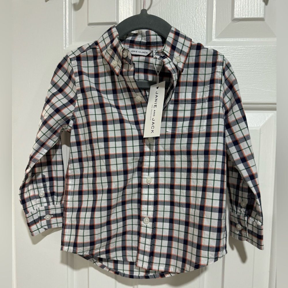 Janie And Jack Boy's Plaid Poplin Long Sleeves Shirt Button Down NWT